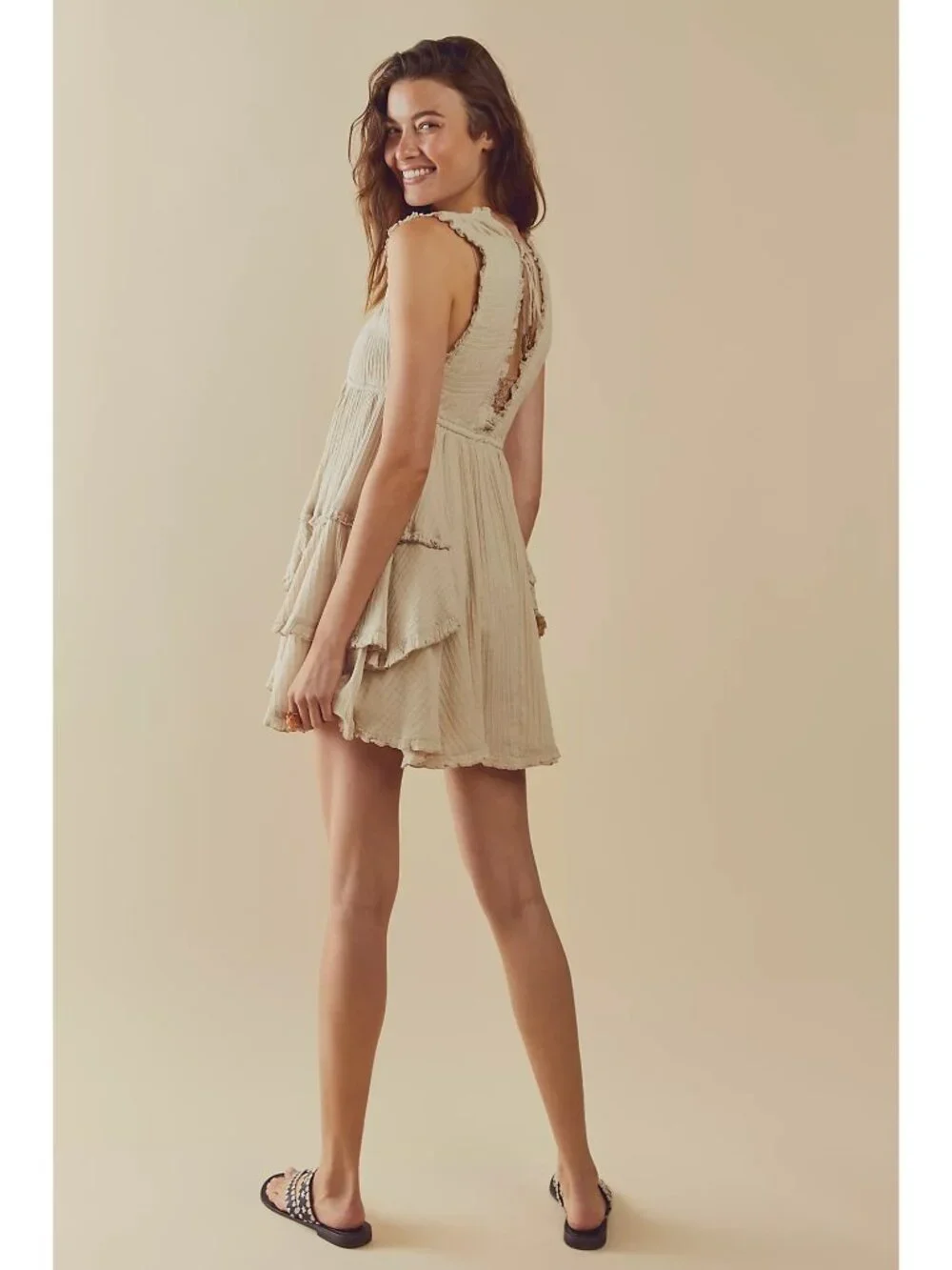 Free People Beige Layered Ruffle Ruched V-Neck Mini Dress S | Coastal Boho Indie - Picture 6 of 13